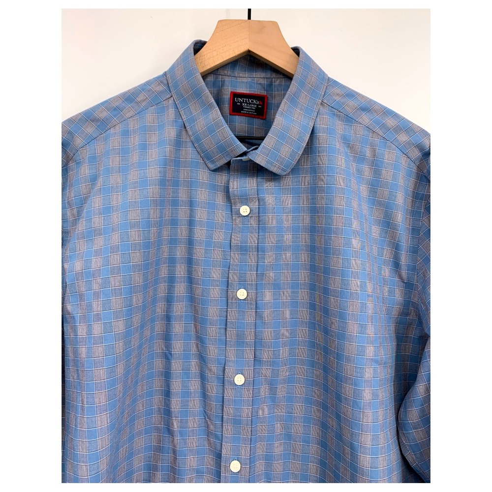 UNTUCKit Shirt Mens 2XL Blue Plaid Wrinkle Free Cotton Long Sleeve Button Up